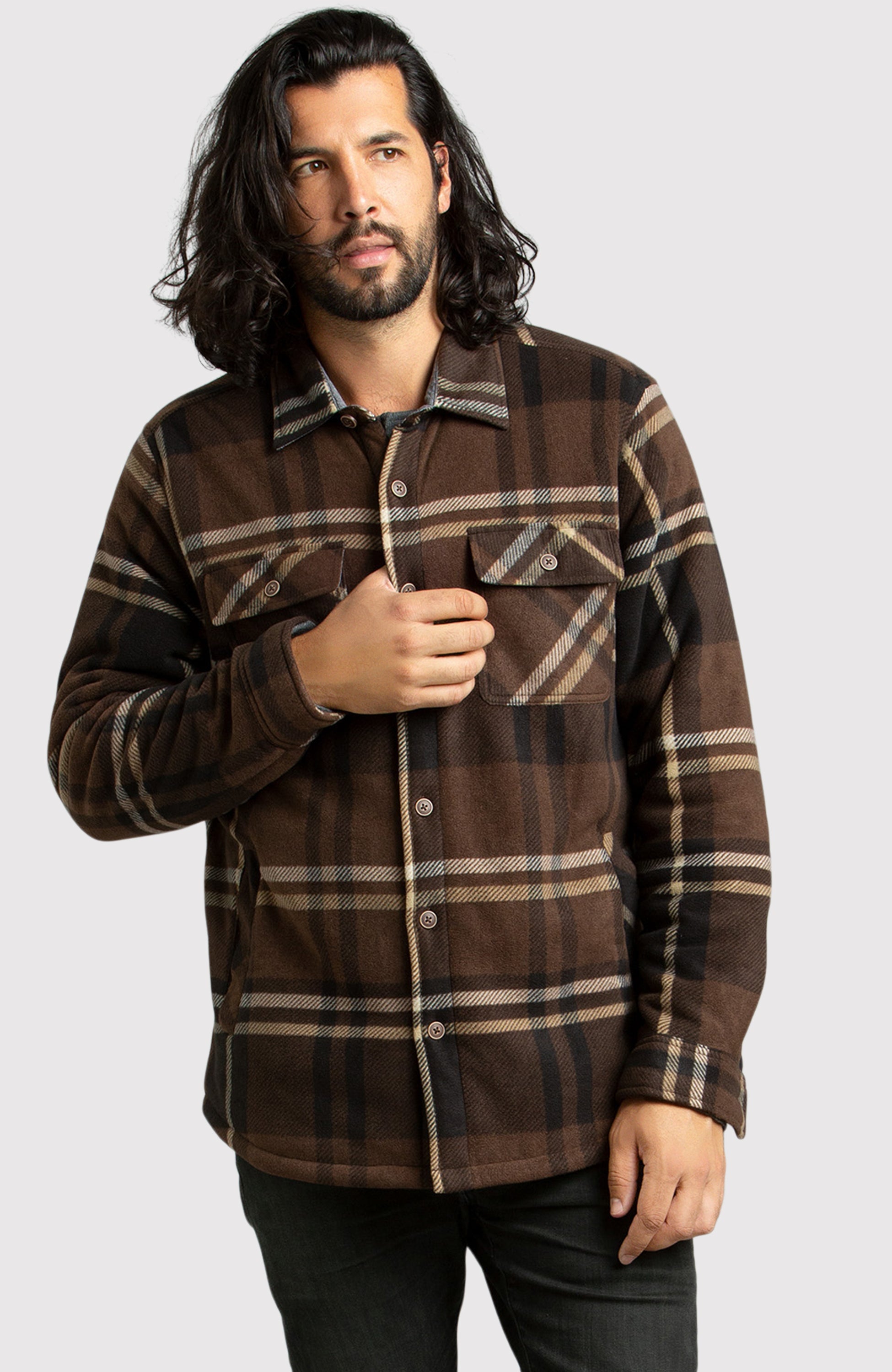 Brown Fleece Shirt Jacket for Men | Boston Traders S / Coffee Bean Plaid