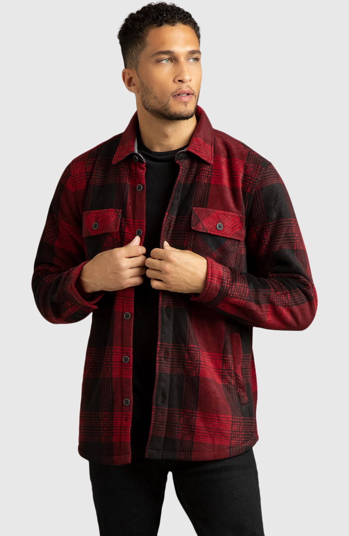 Red & Black Polar Fleece Shirt Jacket for Men - Front