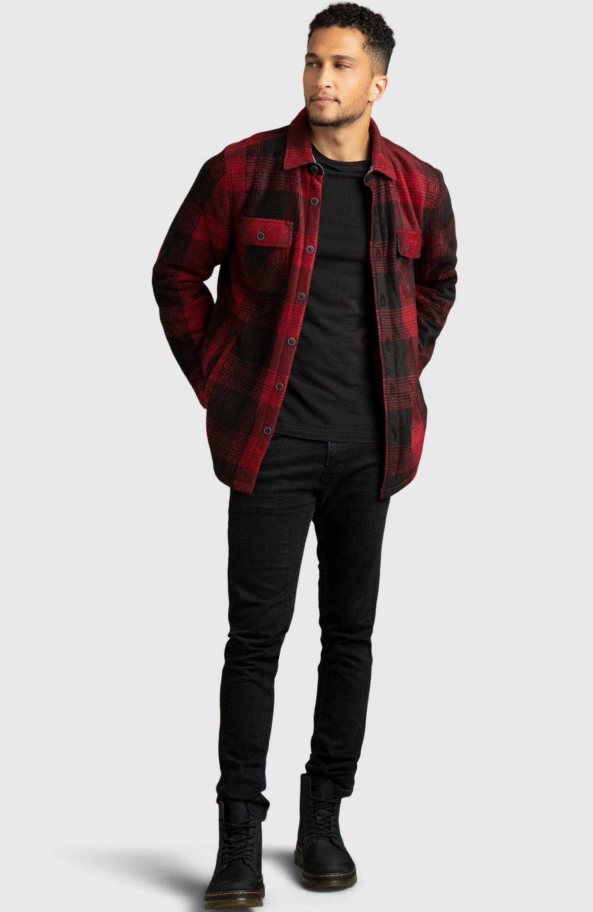 Red & Black Polar Fleece Shirt Jacket for Men - Full Length