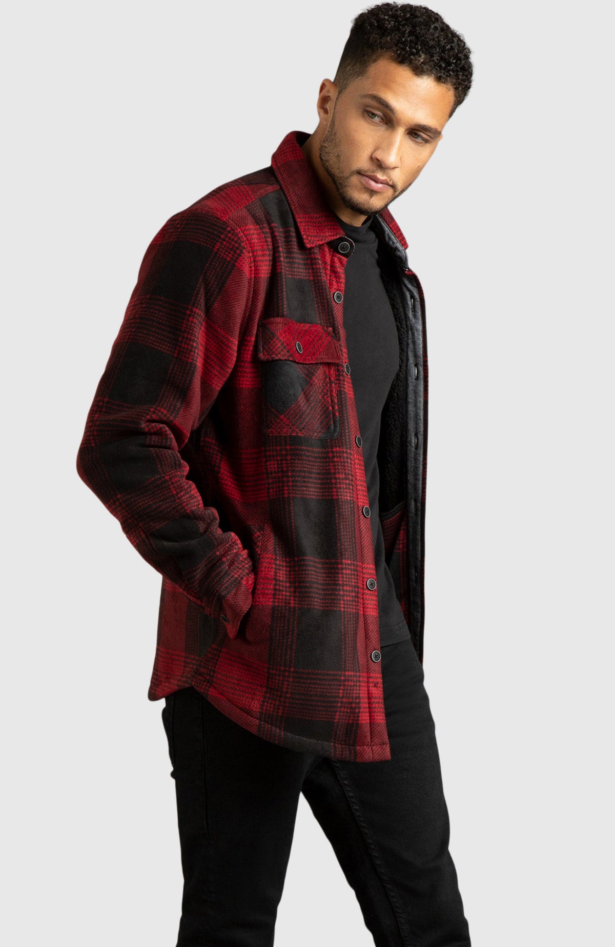 Red & Black Polar Fleece Shirt Jacket for Men - Side