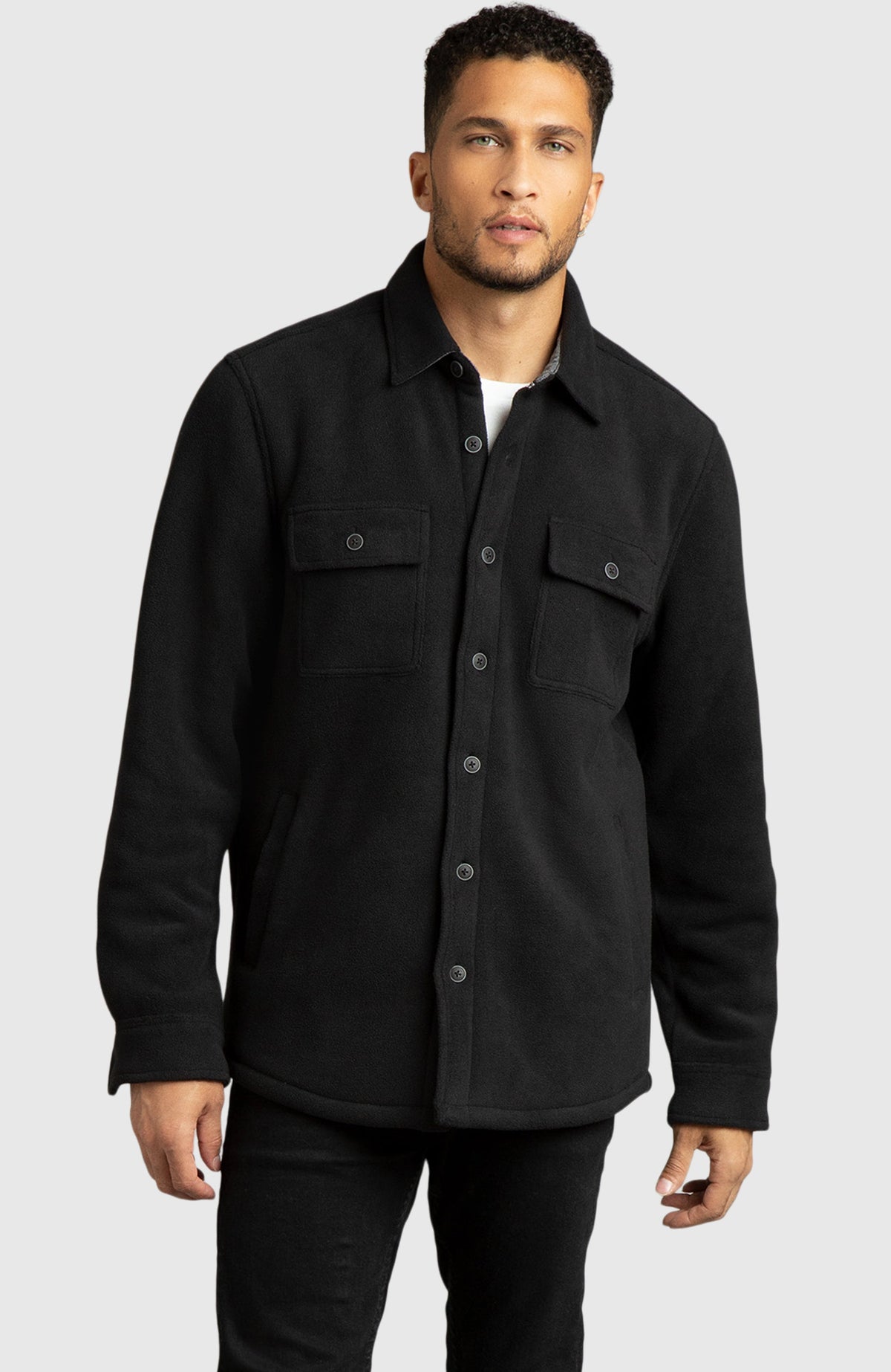 Black Polar Fleece Shirt Jacket for Men - Front