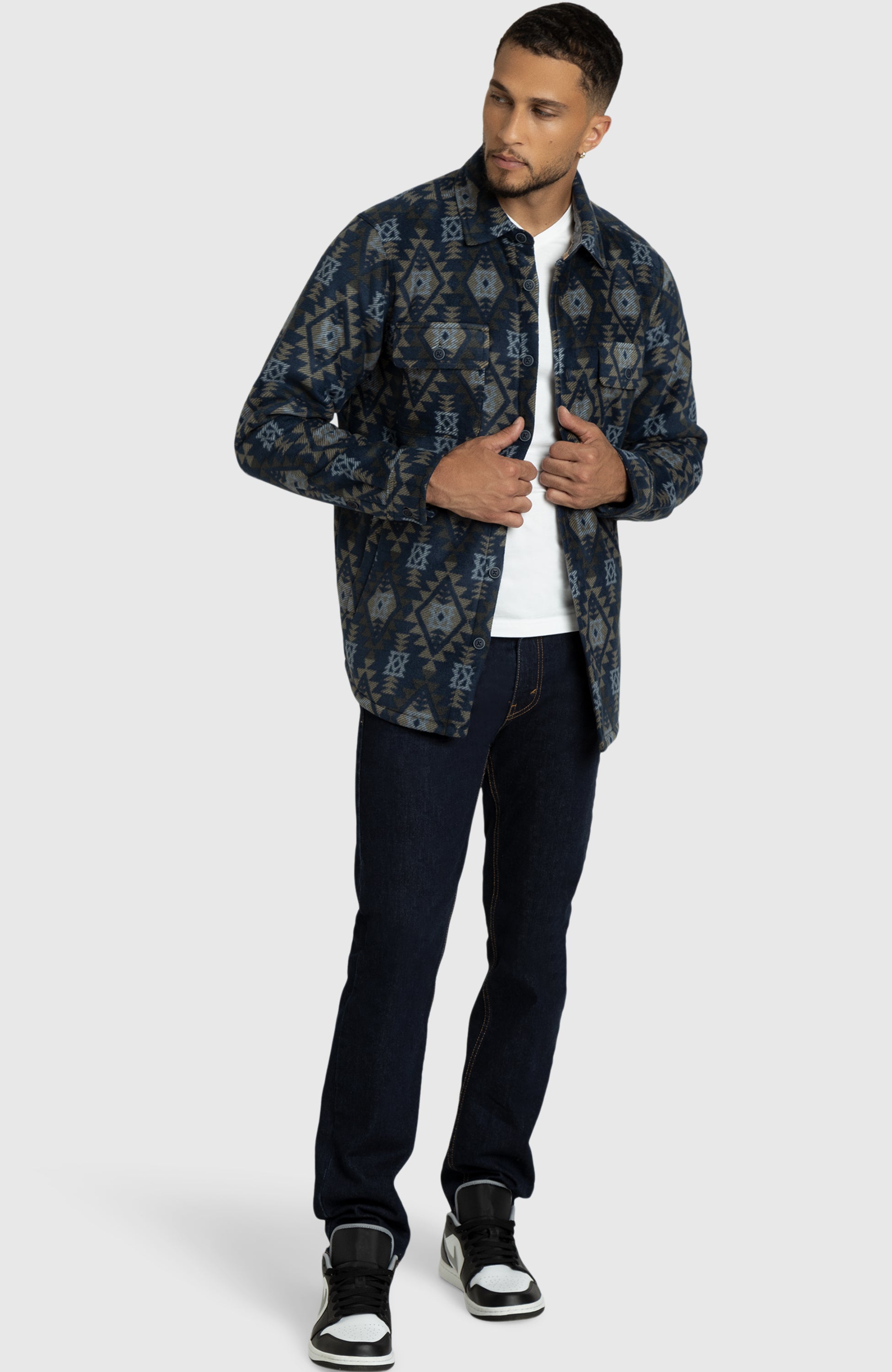 Navy Aztec Polar Fleece Shirt Jacket