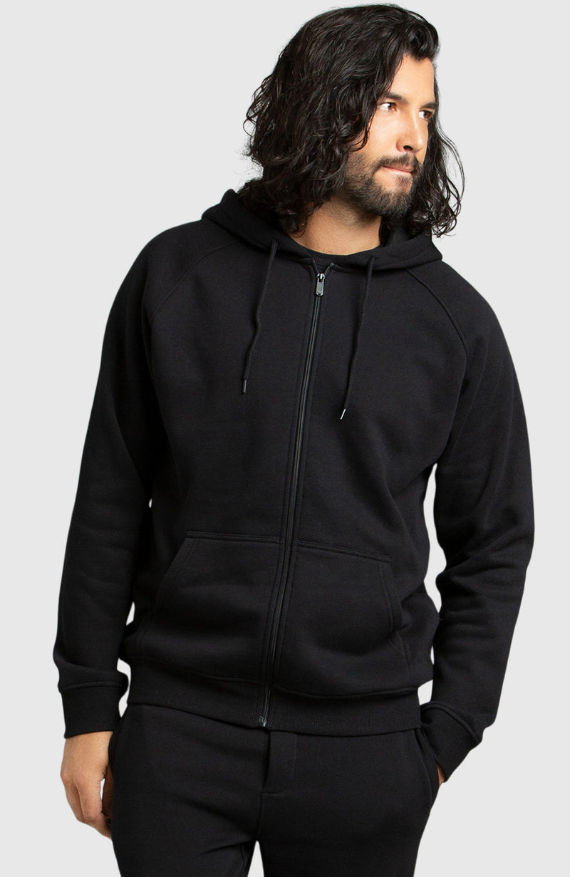 Black Front Zip Fleece Hoodie for Men - Front