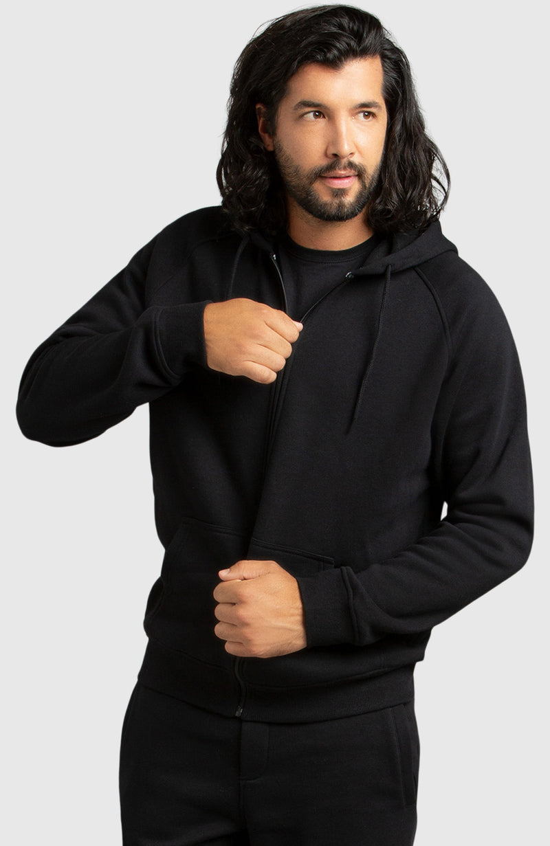 Black Front Zip Fleece Hoodie for Men - Side