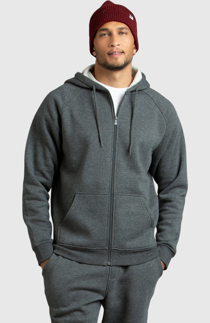 Heather Grey Front Zip Fleece Hoodie for Men - Front 
