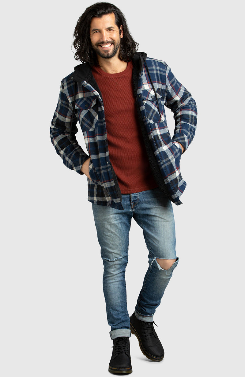 Blue Hooded Flannel Shirt Jacket for Men - Full