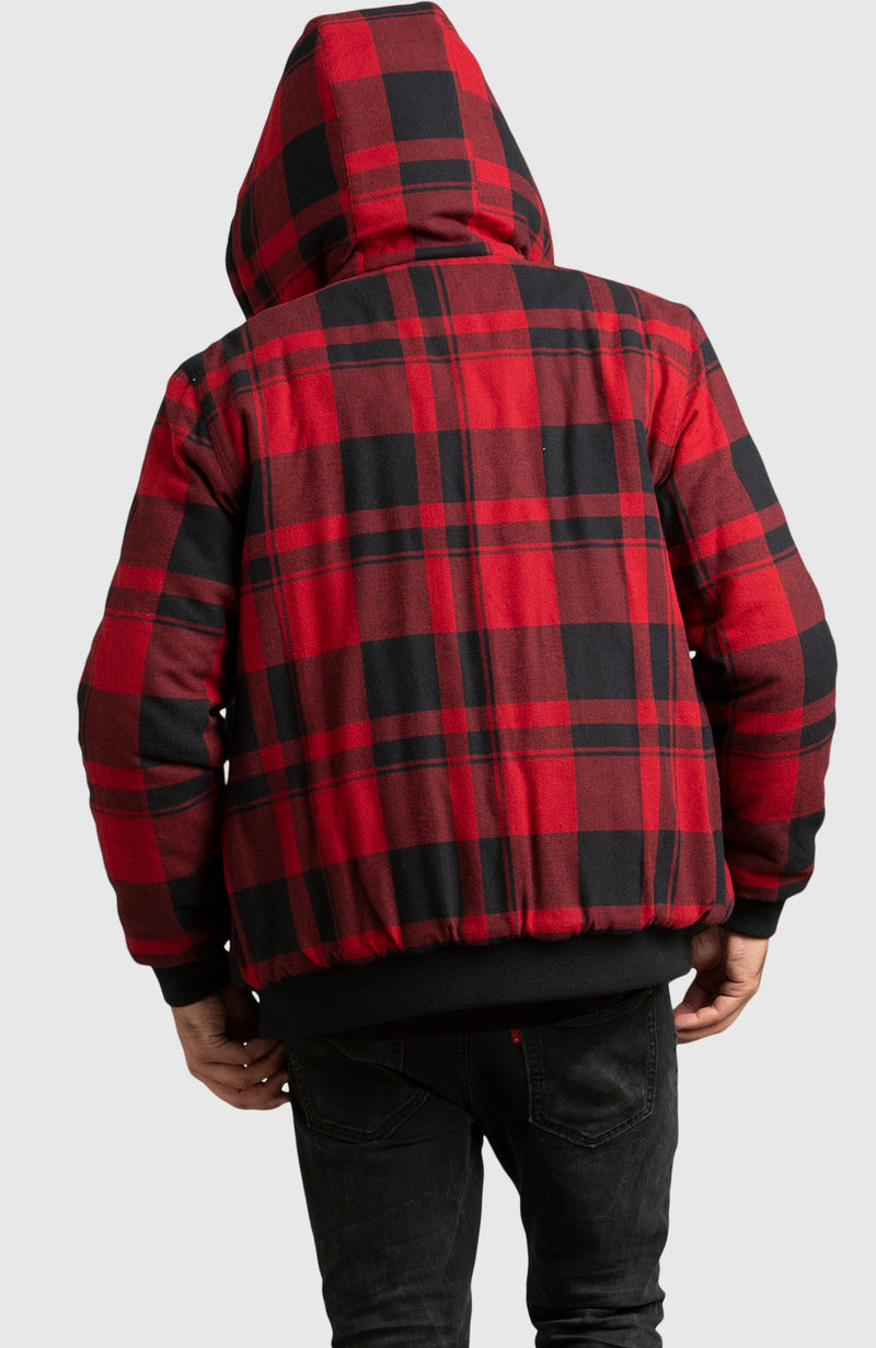 Red Hooded Flannel Bomber Jacket for Men - Back