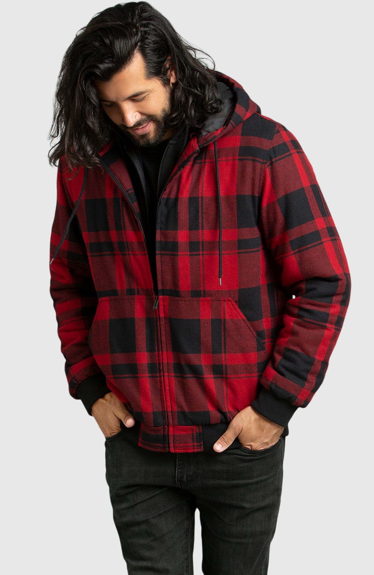 Red Hooded Flannel Bomber Jacket for Men