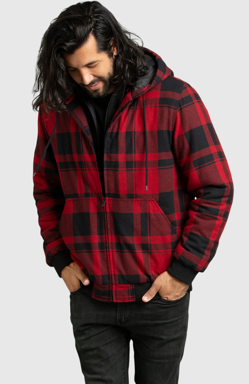Red Hooded Flannel Bomber Jacket for Men - Front