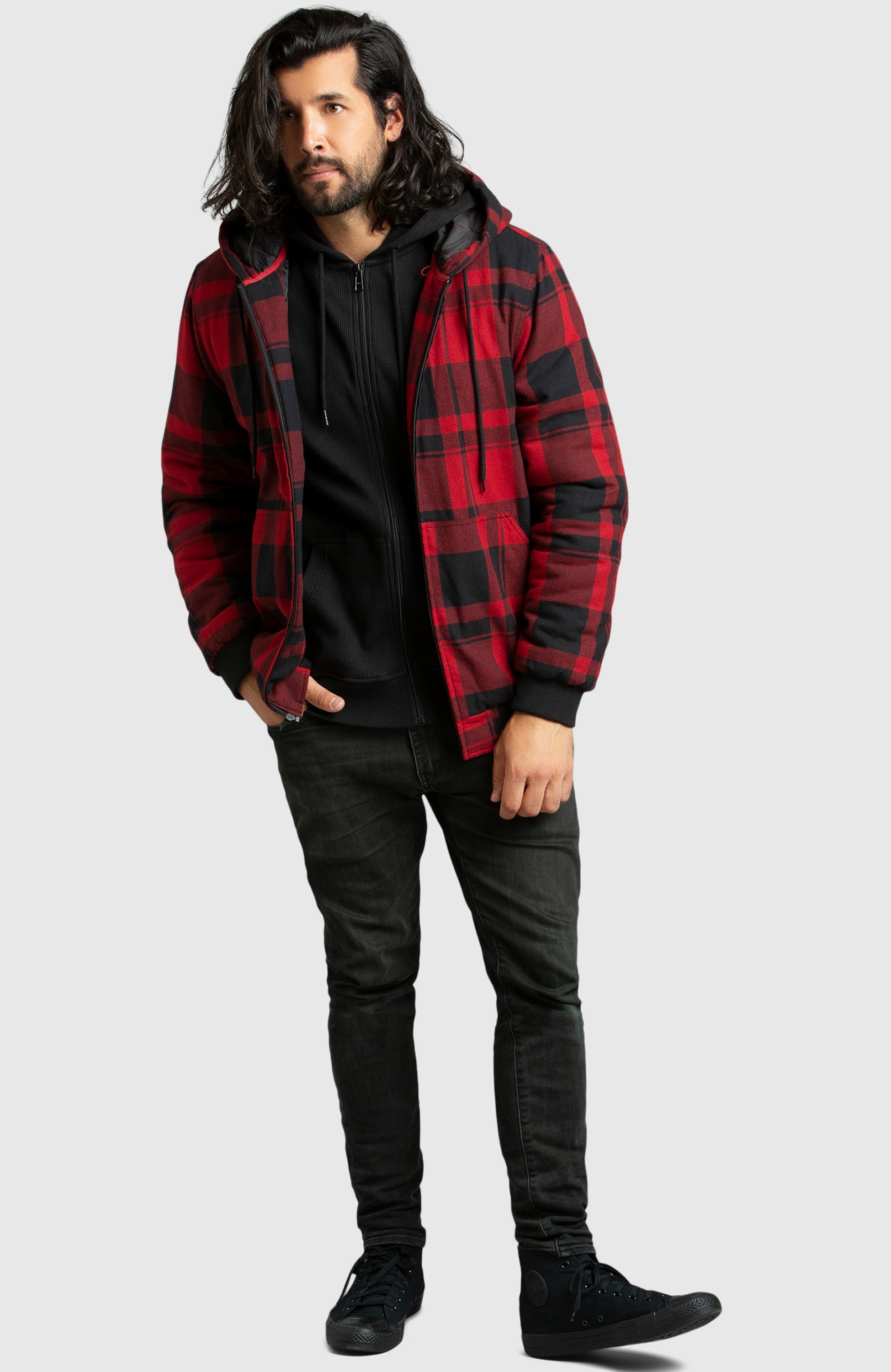 Red plaid hooded flannel on sale jacket