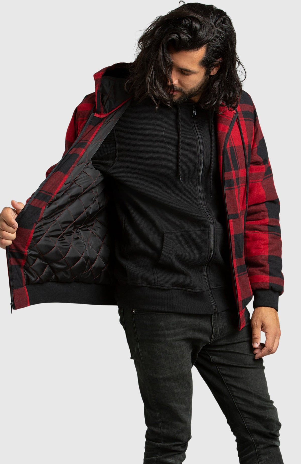 Red Hooded Flannel Bomber Jacket for Men - Side