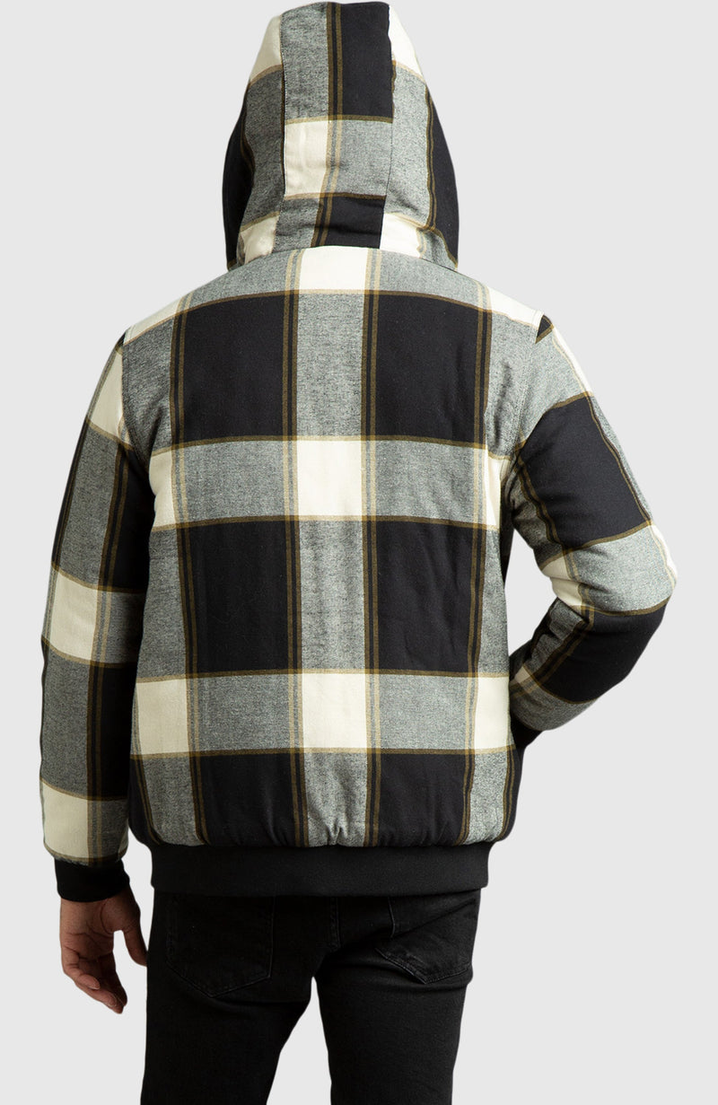 Oatmeal Hooded Flannel Bomber Jacket for Men - Back 
