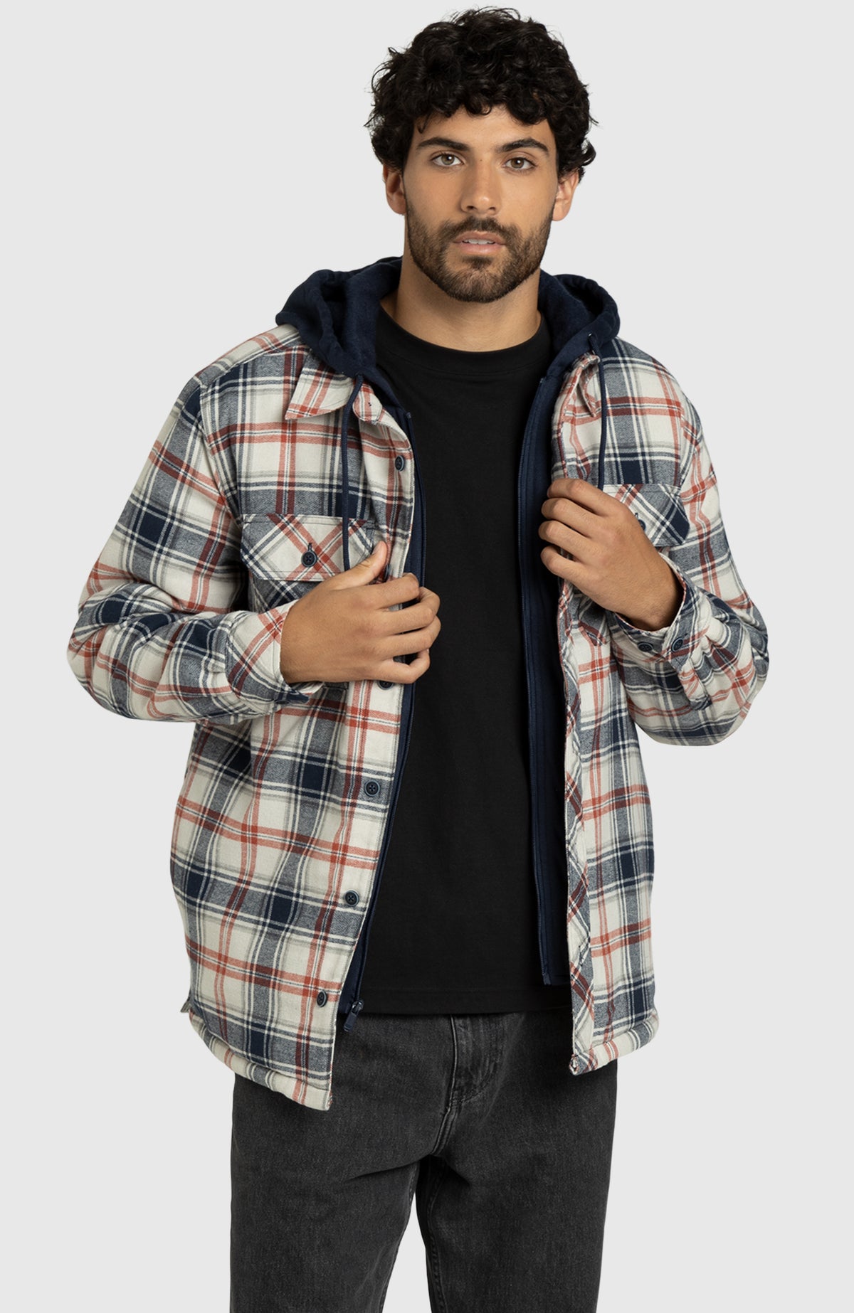Navy Moonstruck Hooded Flannel Shirt Jacket for Men - Front