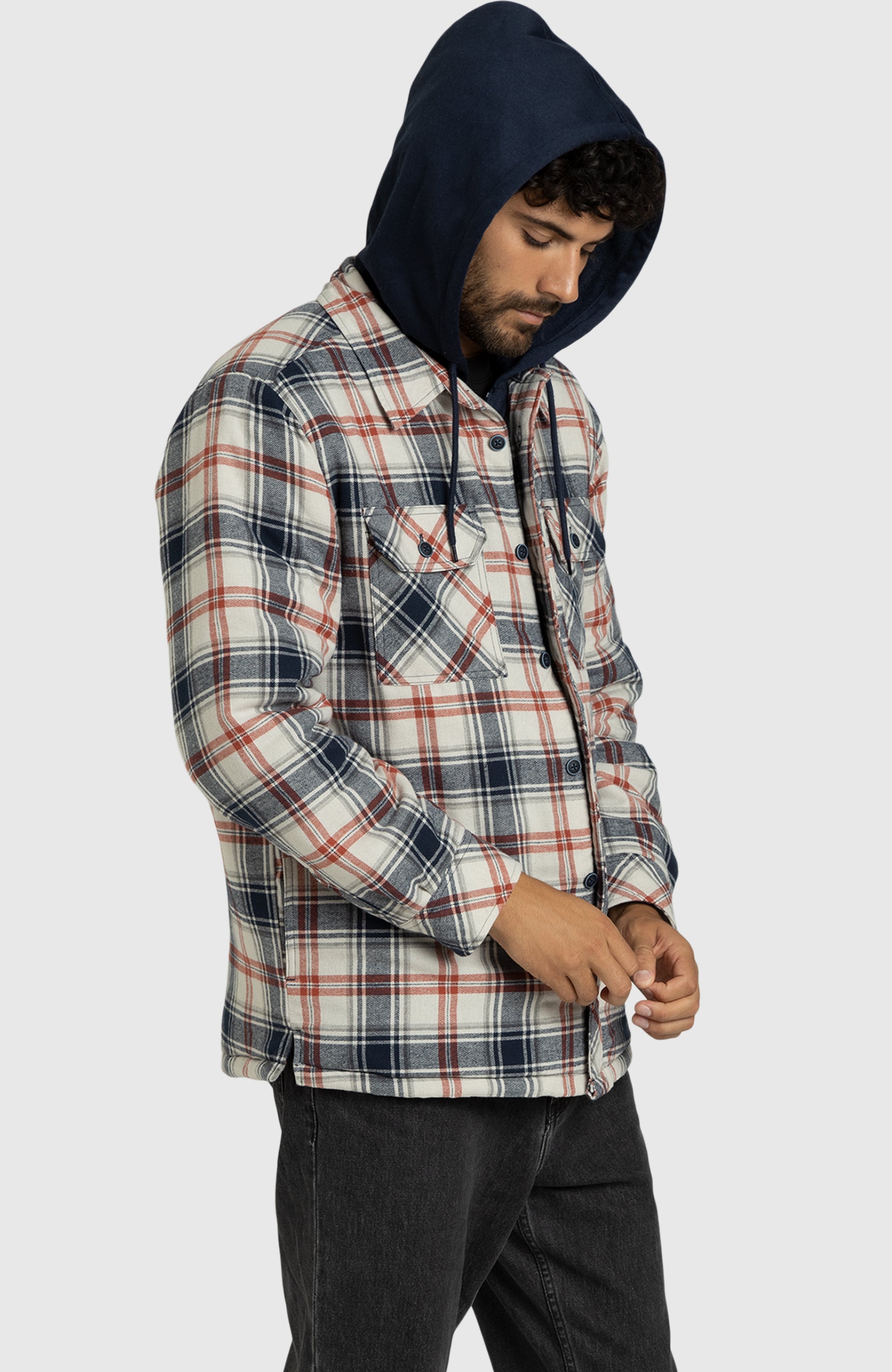 Hooded Flannel Shirt Jacket for Tall Men in Black & White Plaid