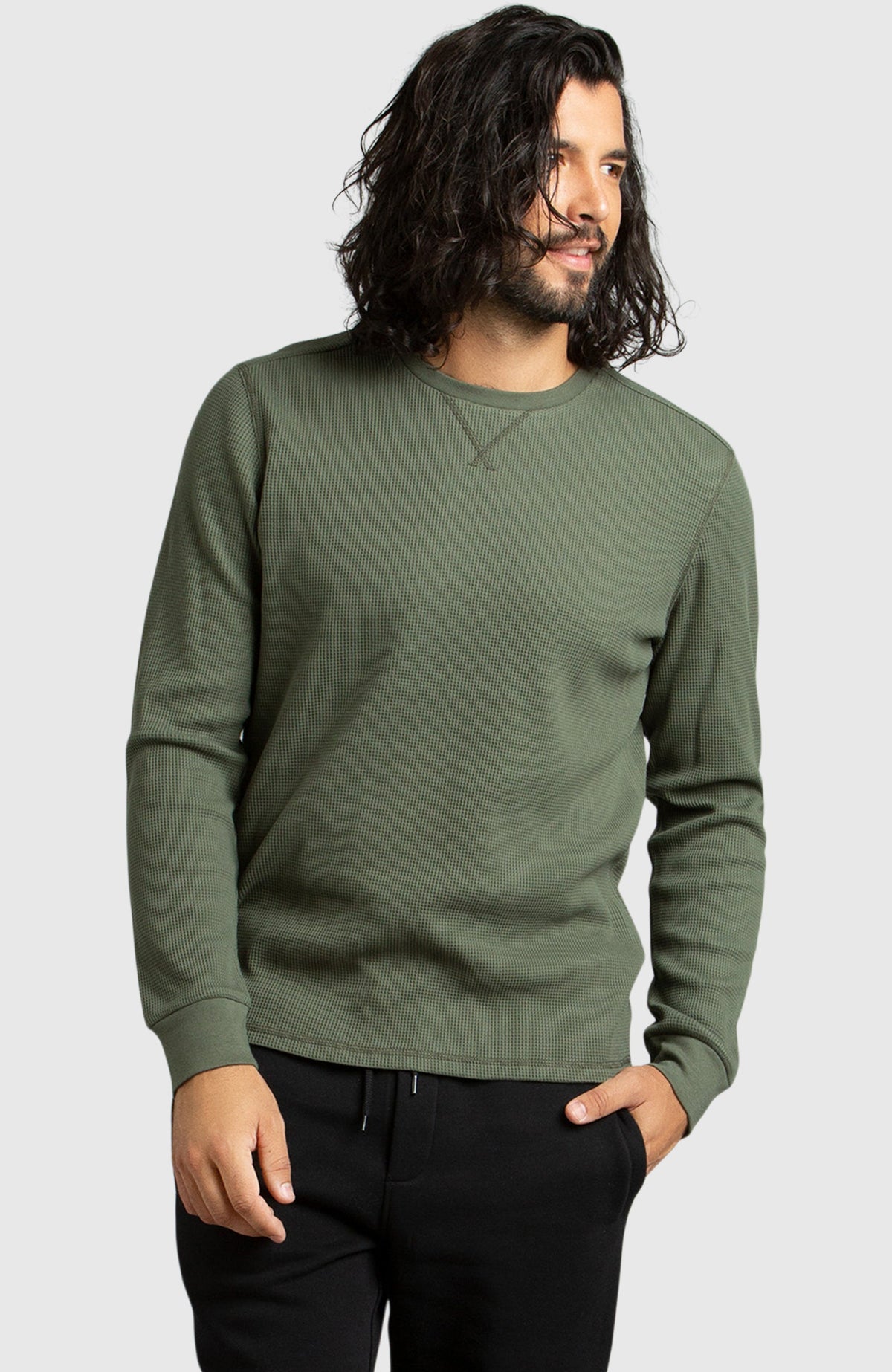 Green Waffle Crewneck Sweater for Men - Front