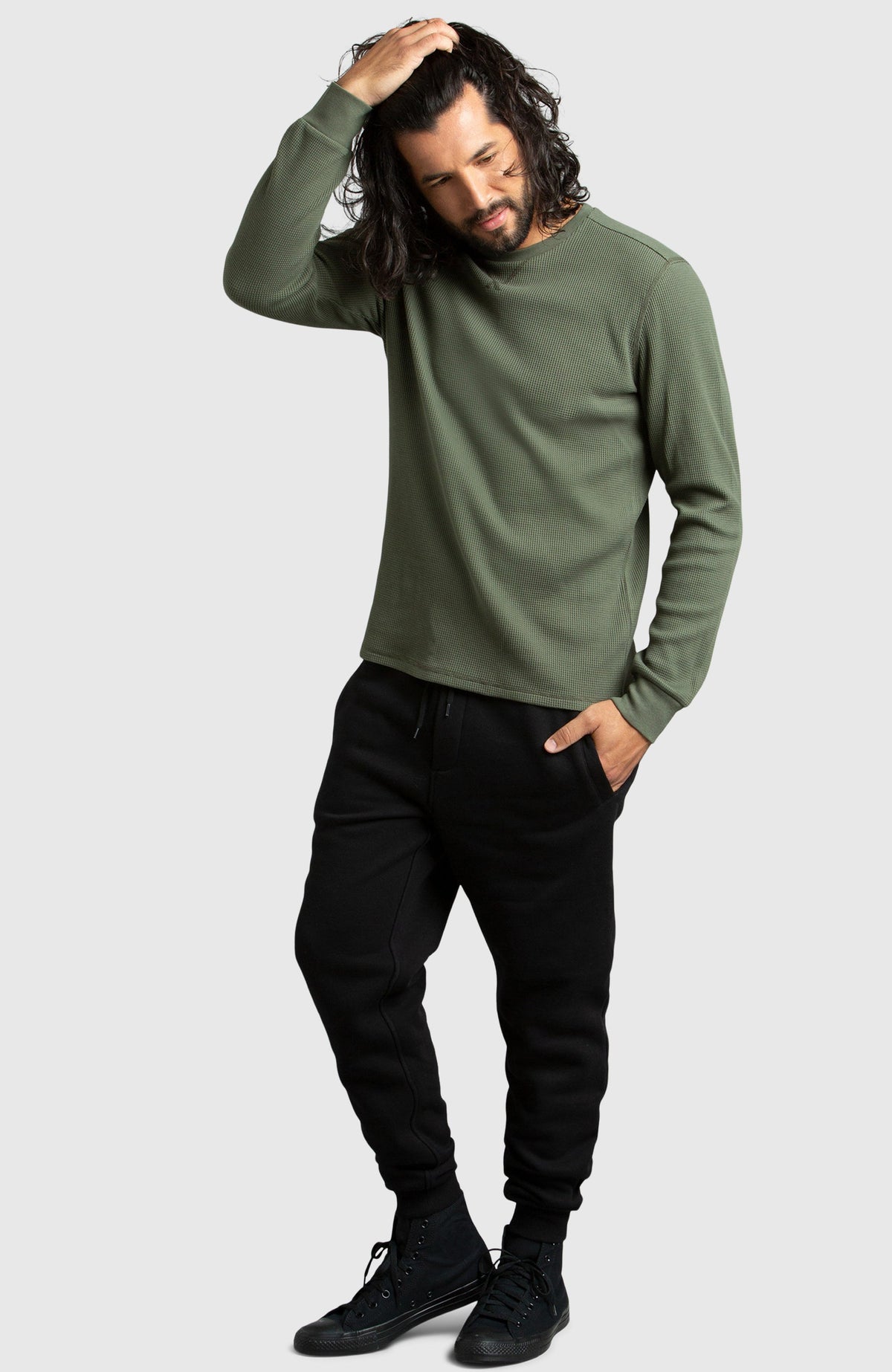 Green Waffle Crewneck Sweater for Men - Full