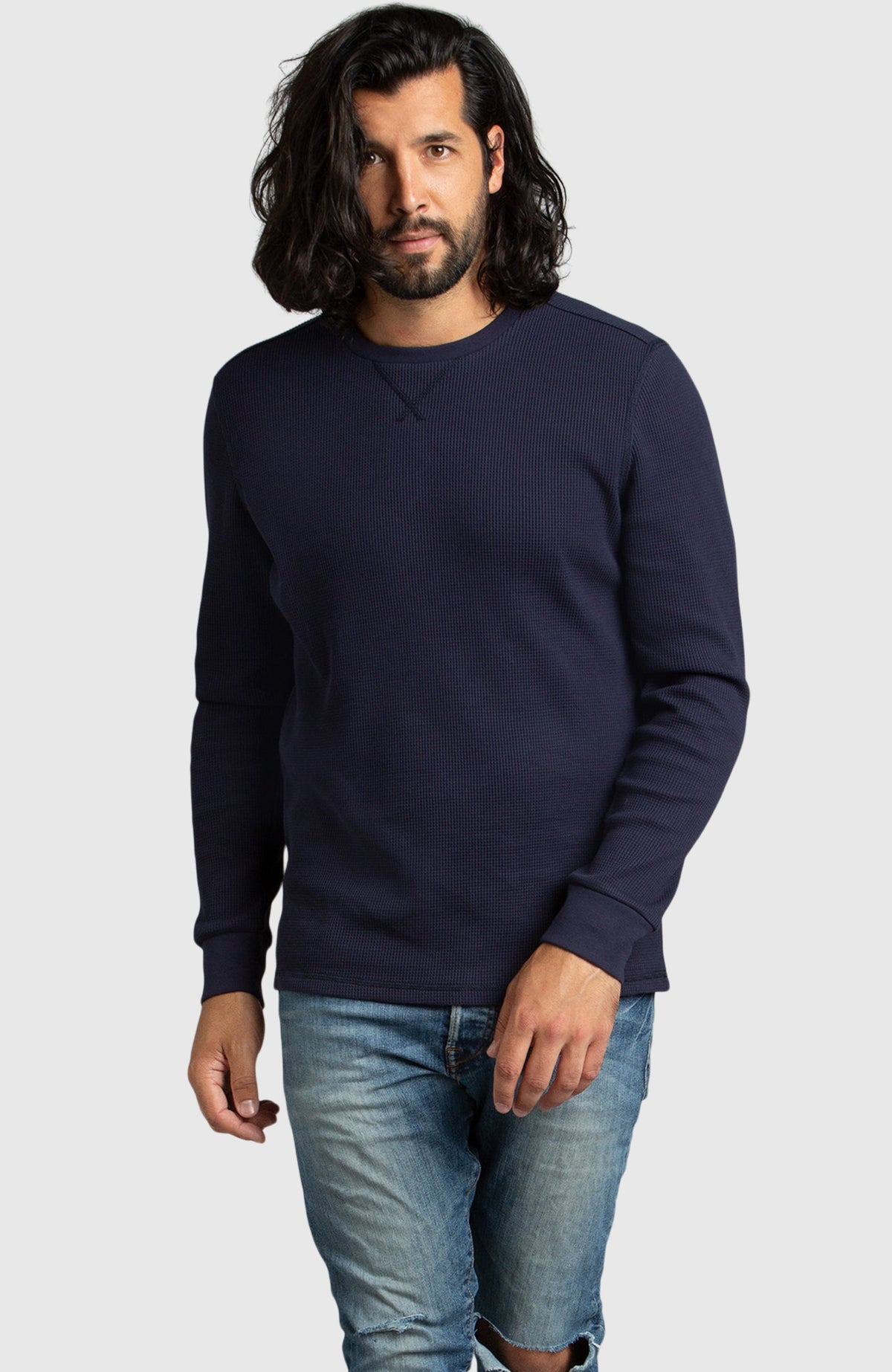 Navy Waffle Crewneck Sweater for Men - Front