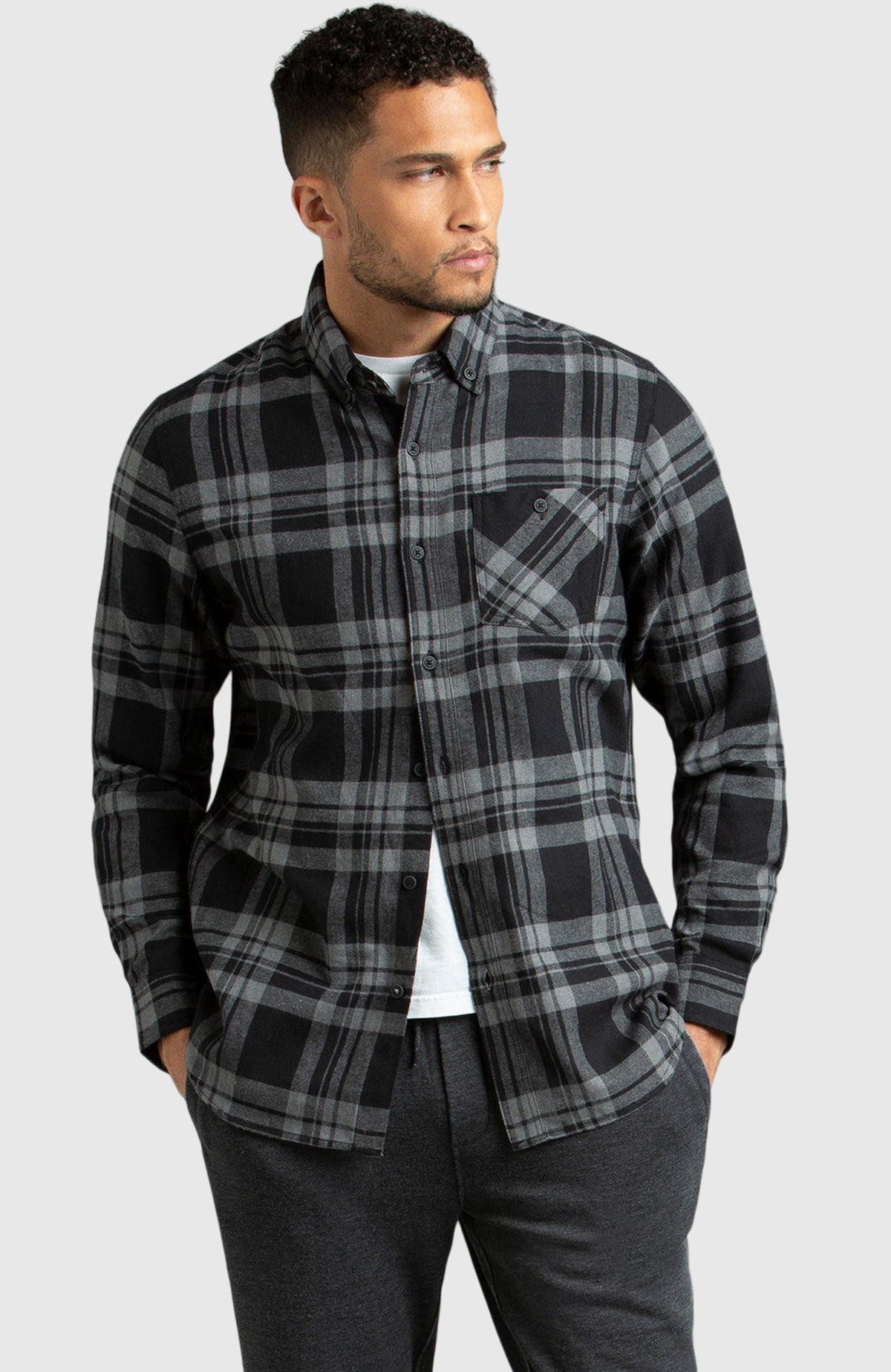 Grey & Black Plaid Flannel Shirt for Men - Front