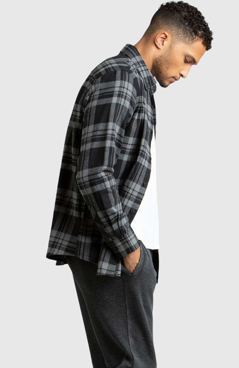 Grey & Black Plaid Flannel Shirt for Men - Side