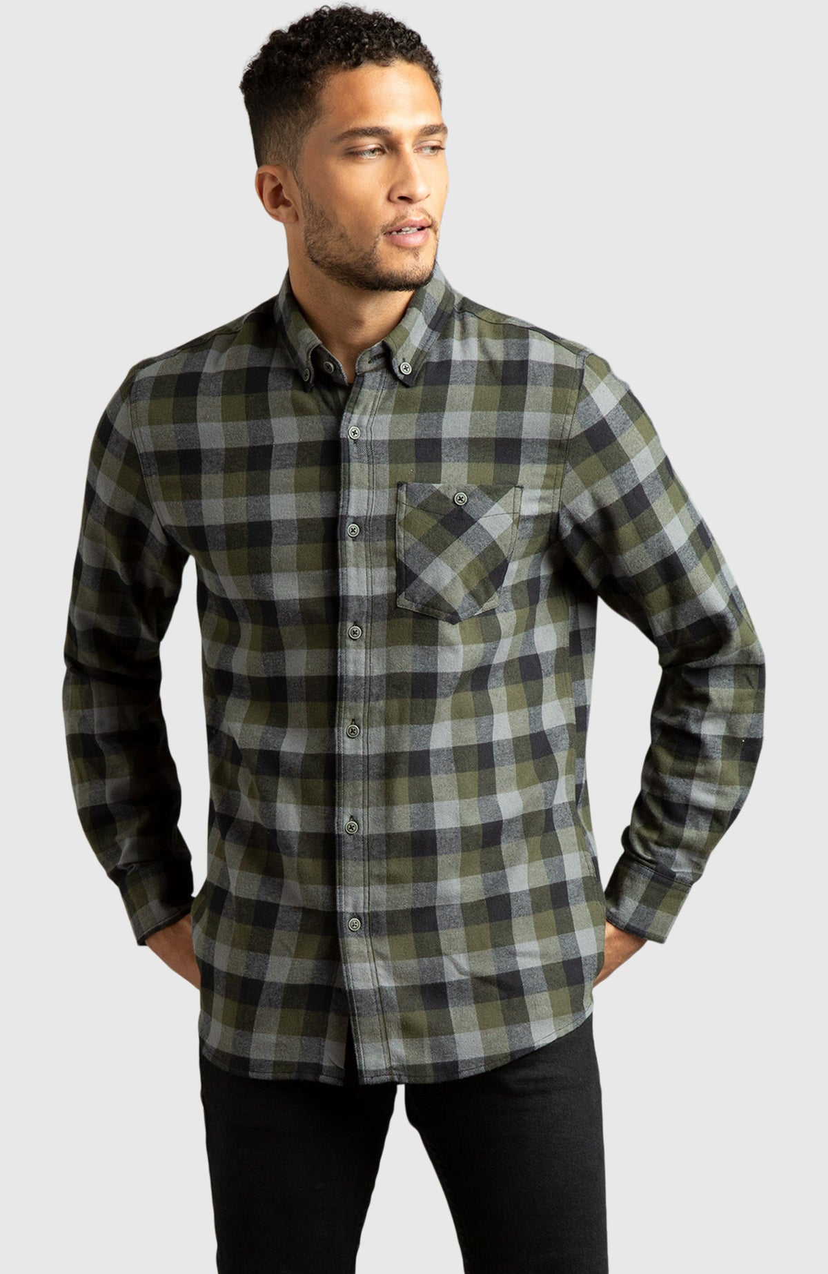 Green & Black Plaid Flannel Shirt for Men - Front