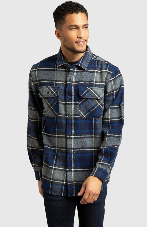 Blue Herringbone Plaid Overshirt for Men - Front