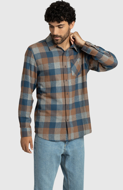 Blue Walnut Plaid Flannel Shirt for Men - Full Length