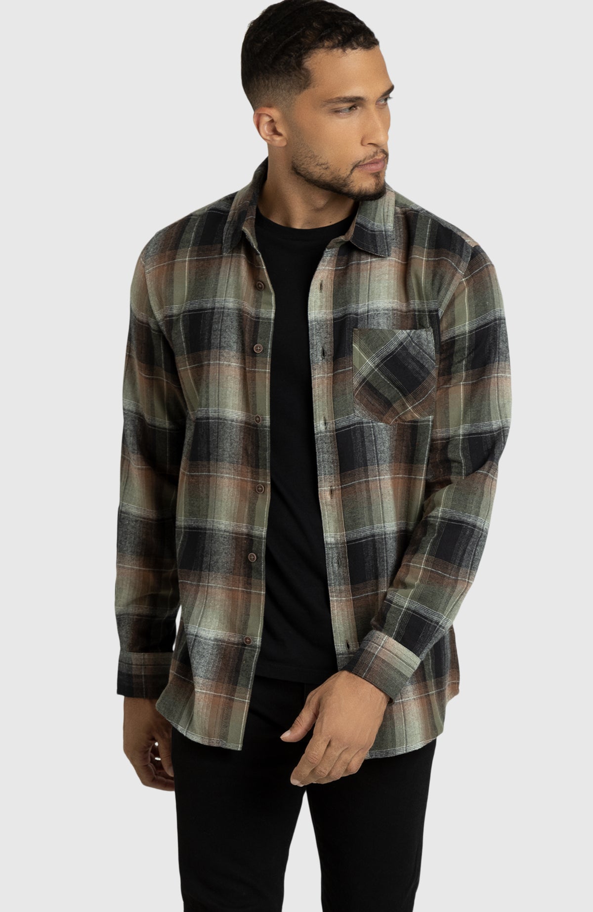 Dusty Olive Plaid Flannel Shirt for Men - Front