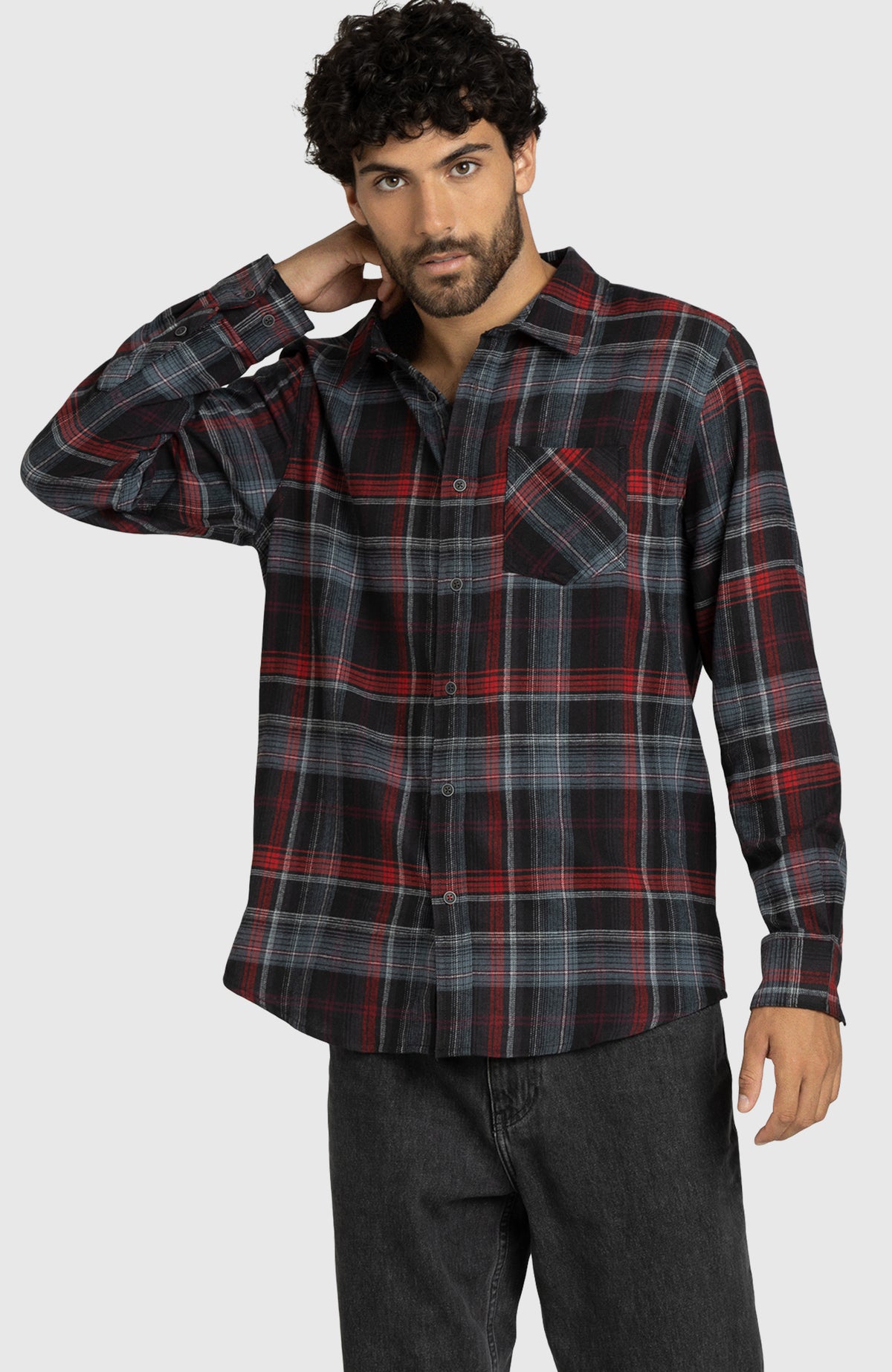 Red and Grey Plaid Flannel Shirt for Men - Front