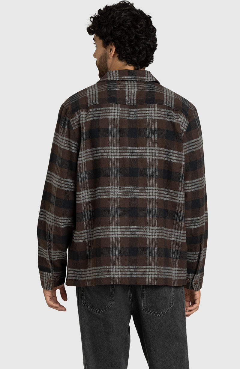 Chocolate Brown Herringbone Plaid Overshirt for Men - Back