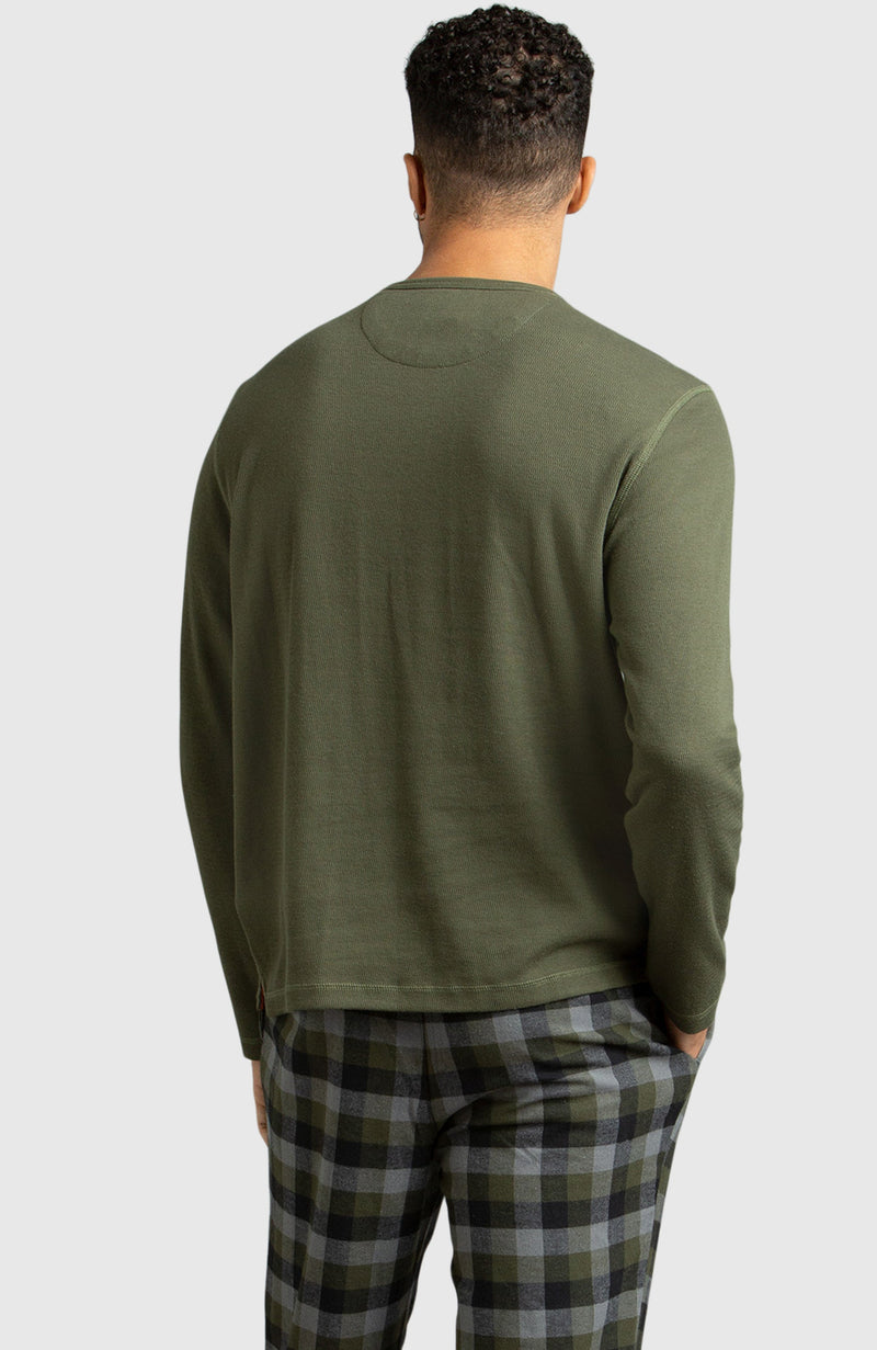 Army Green Waffle Henley Shirt for Men - Back