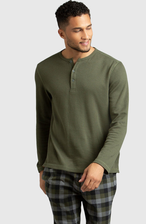Army Green Waffle Henley Shirt for Men - Front